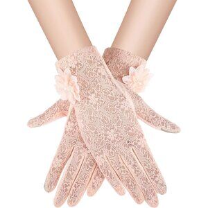 Women's Pink Fingerless Floral Short Lace Gloves Party Tea Halloween Wedding